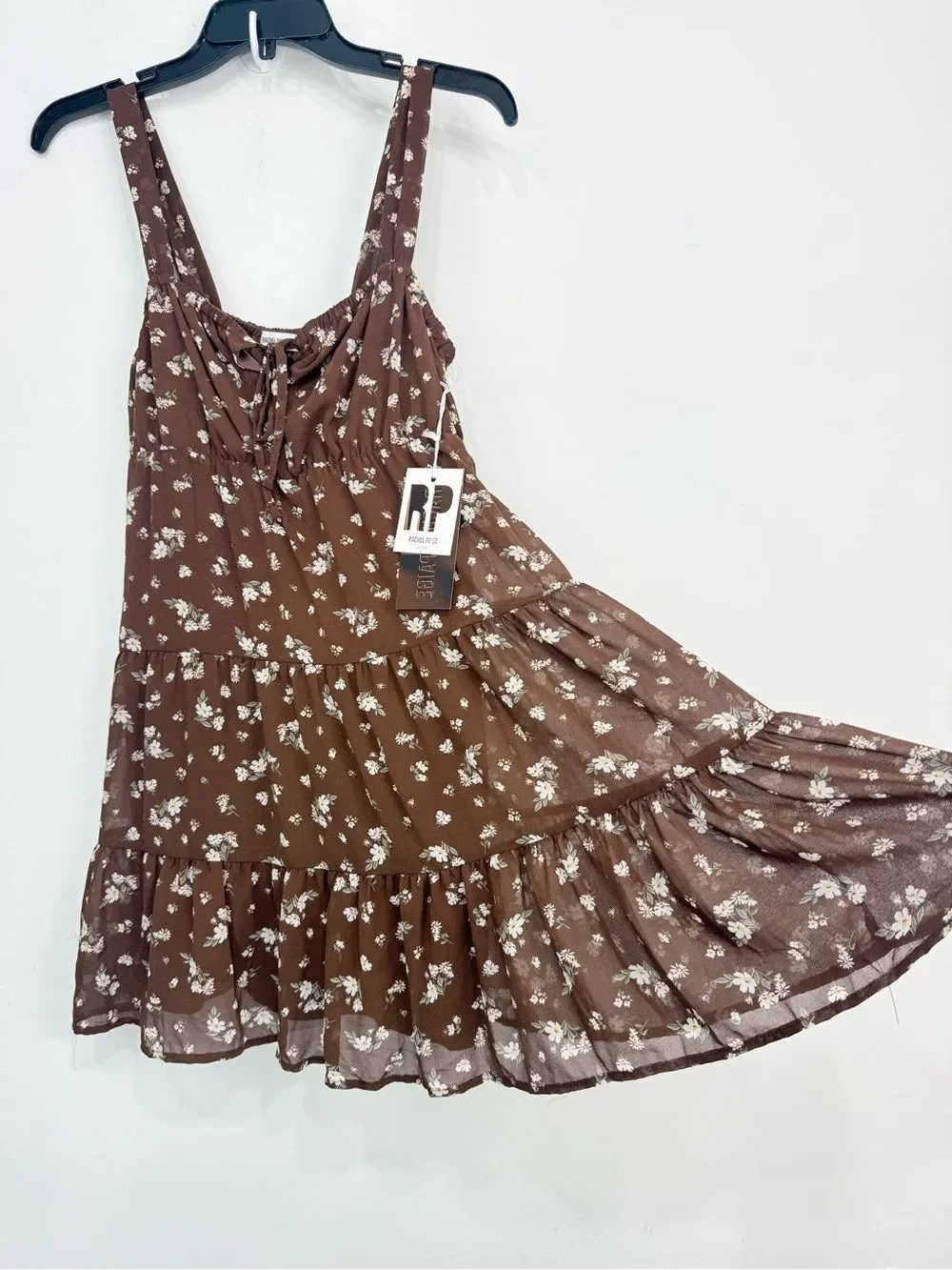 Rachel Paige Brown White Floral Baby Doll Cottage Core Tiered Mini Dress NEW